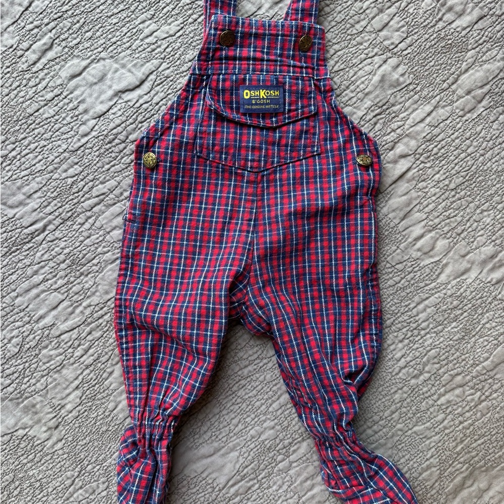Vintage Baby OshKosh Red Plaid Footed Cotton Overalls, Size 3/6 Months